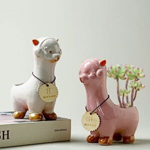 2PCs Ceramic Succulent Planter Pots Mini Liama/Alpaca Design with Gift Box